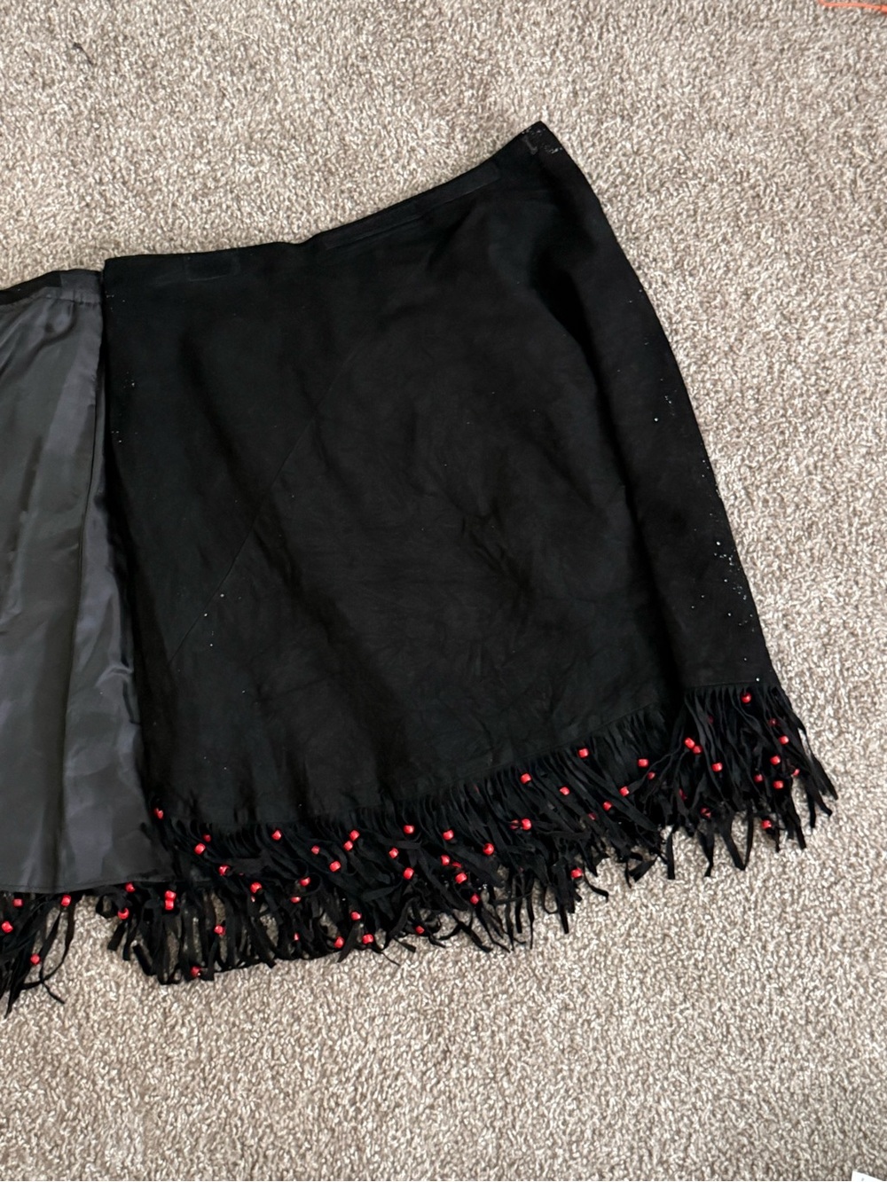 Vintage Black Suede Fringe Red Bead Western Wrap Midi Skirt L XL Cowgirl - Picture 9 of 9